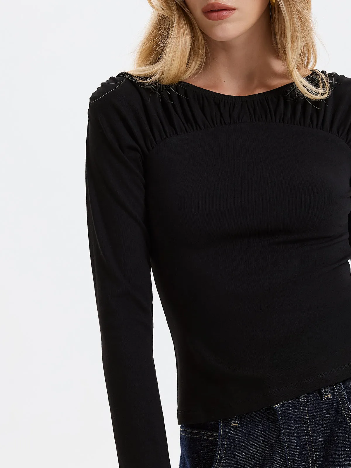 Smocked Neck Long-Sleeve Blouse sold by COMMENSE