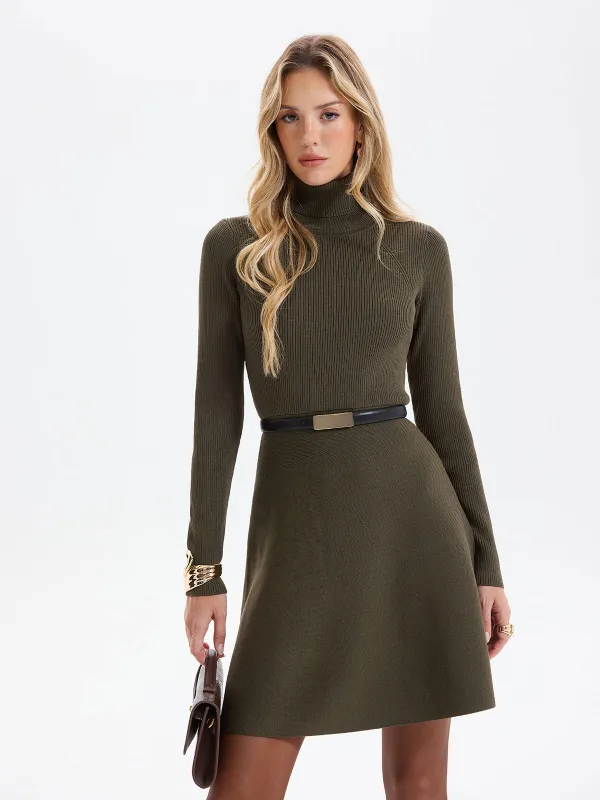 Belted Ribbed Turtleneck Knit Mini Dress sold by COMMENSE