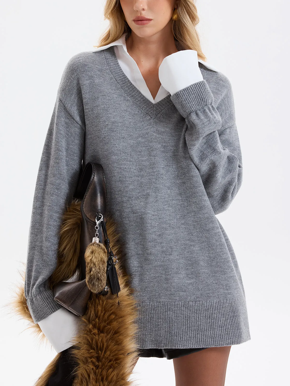 2 in 1 Shirt Panel Loose V-Neck Sweater sold by COMMENSE product image thumbnail 4