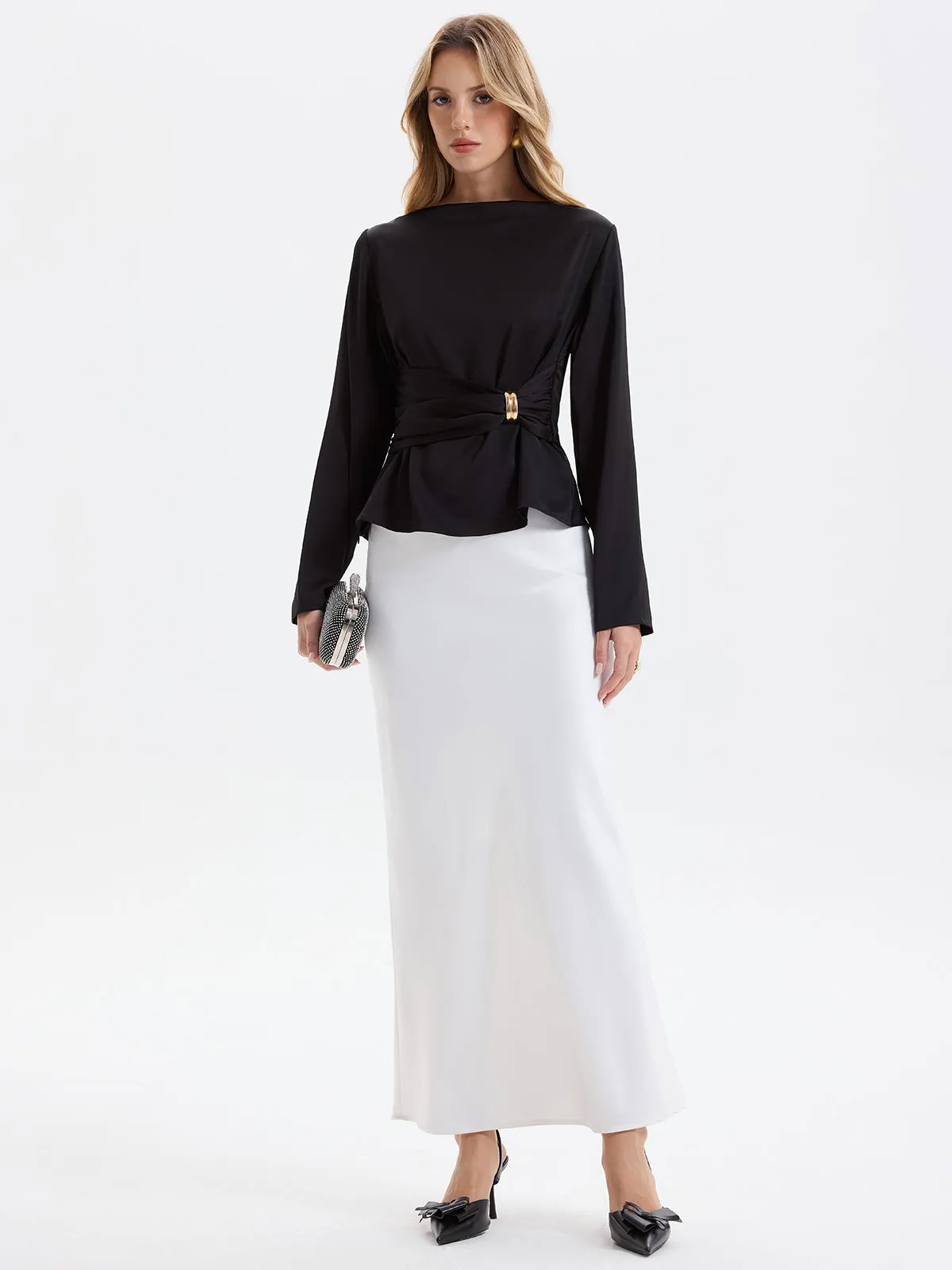 Metal Detail Ruched Waist Satin Blouse sold by COMMENSE product image thumbnail 3