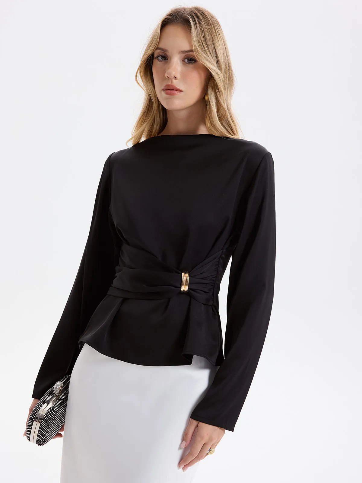 Metal Detail Ruched Waist Satin Blouse sold by COMMENSE product image thumbnail 4