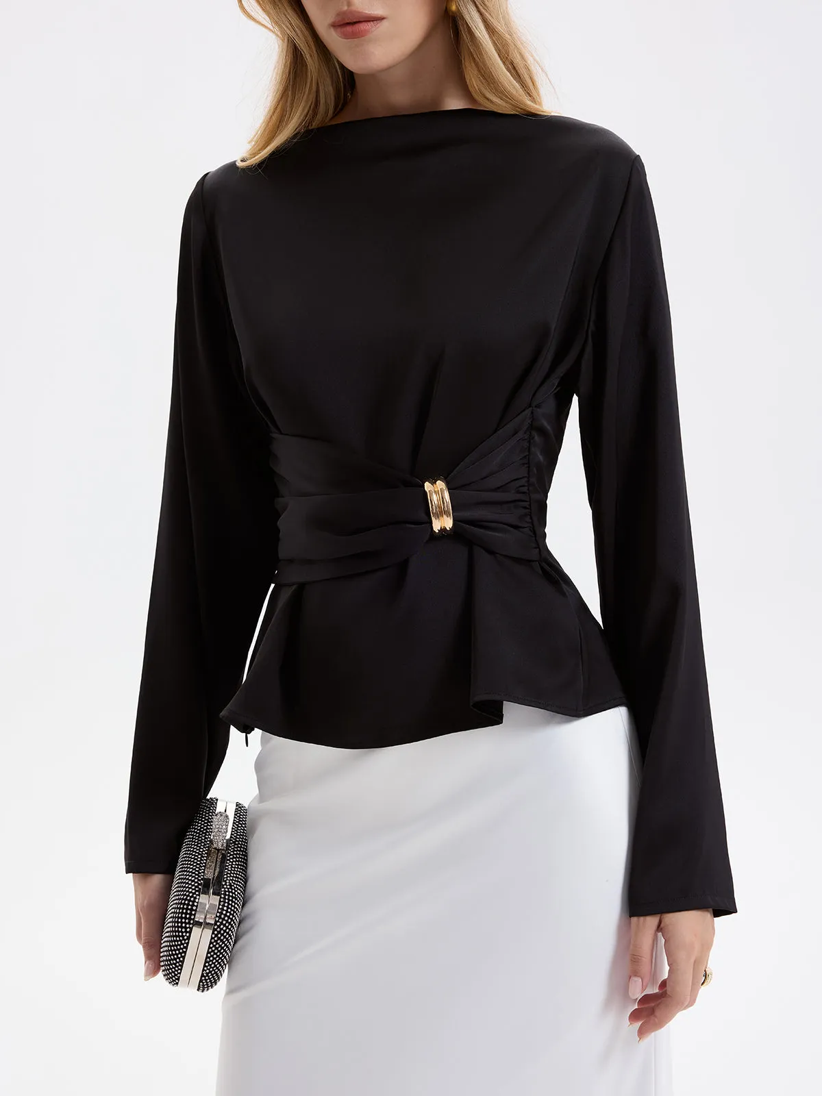 Metal Detail Ruched Waist Satin Blouse sold by COMMENSE