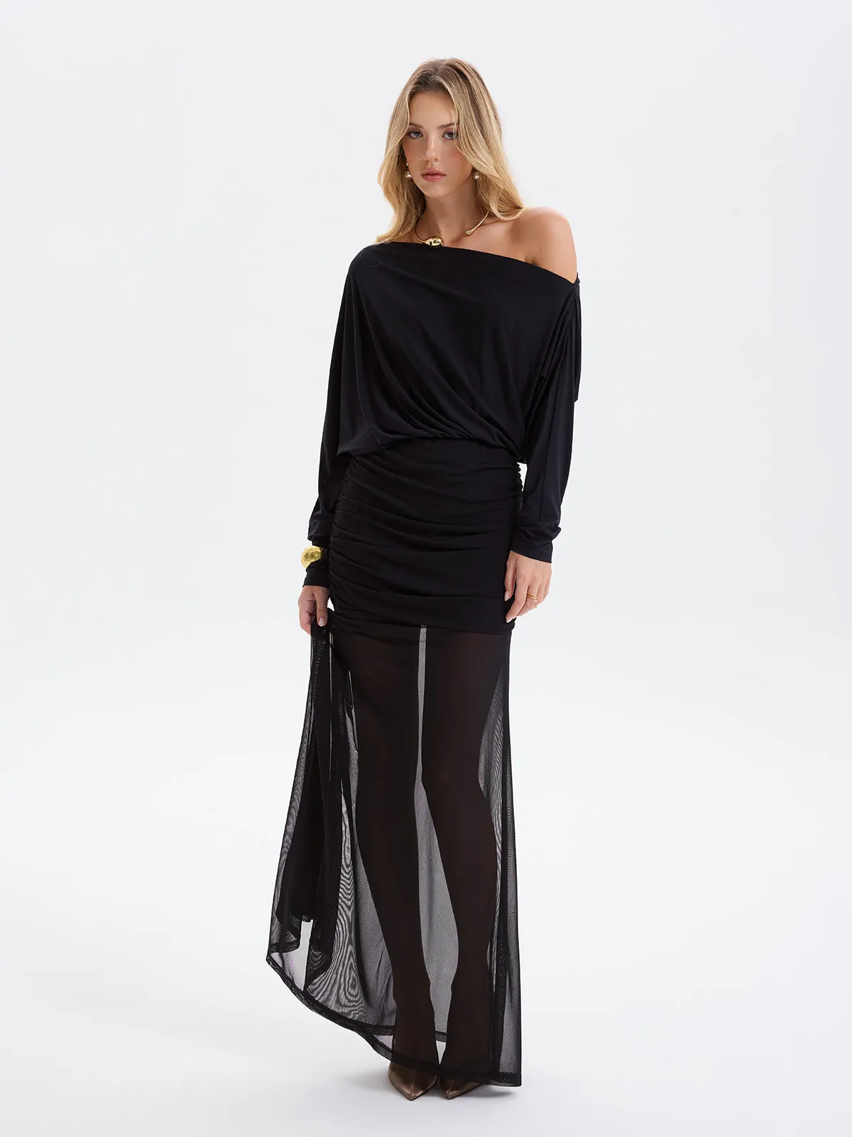 Mesh Panel Off-Shoulder Ruched Maxi Dress without Belt sold by COMMENSE product image thumbnail 5