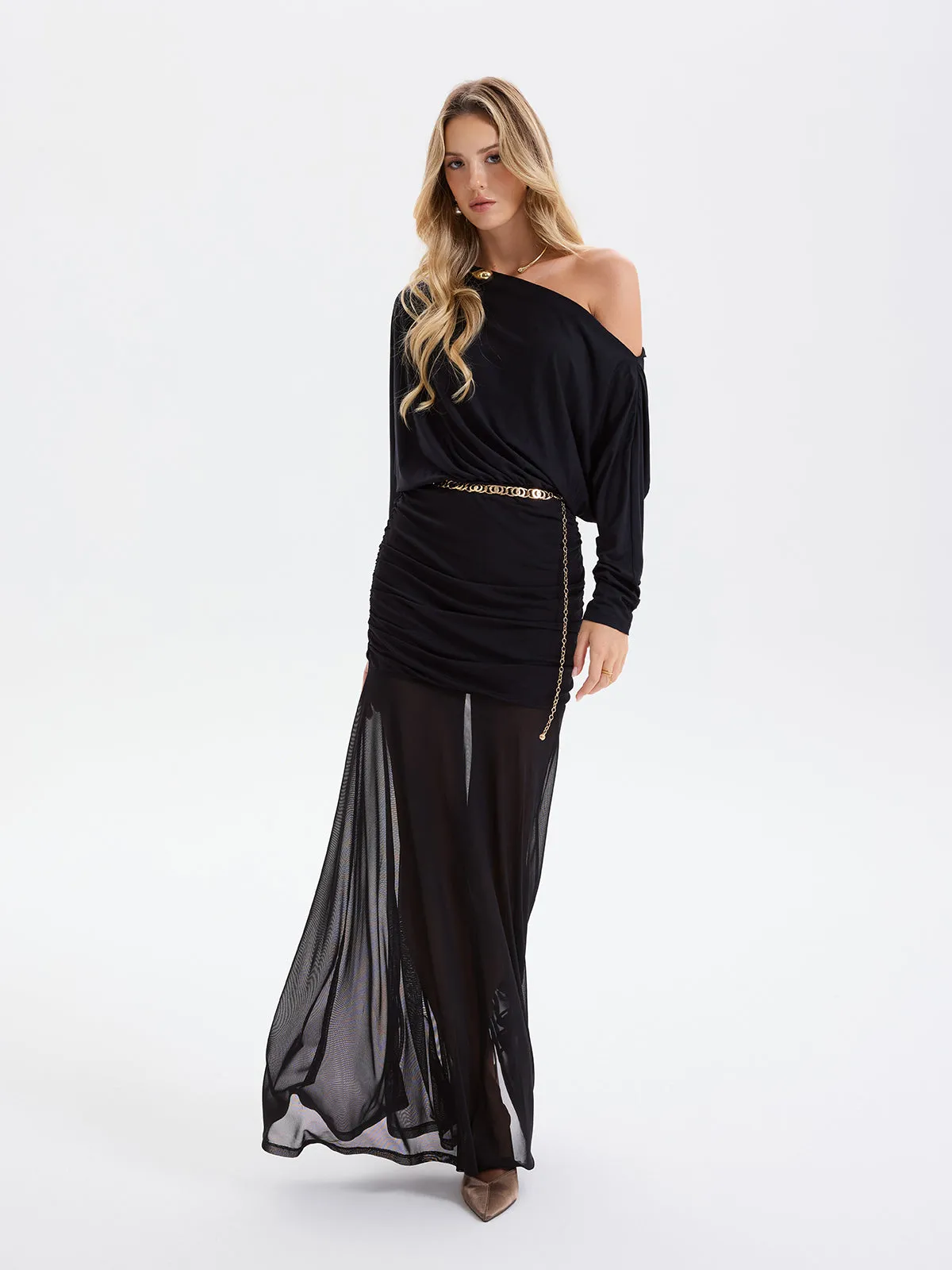 Mesh Panel Off-Shoulder Ruched Maxi Dress without Belt sold by COMMENSE