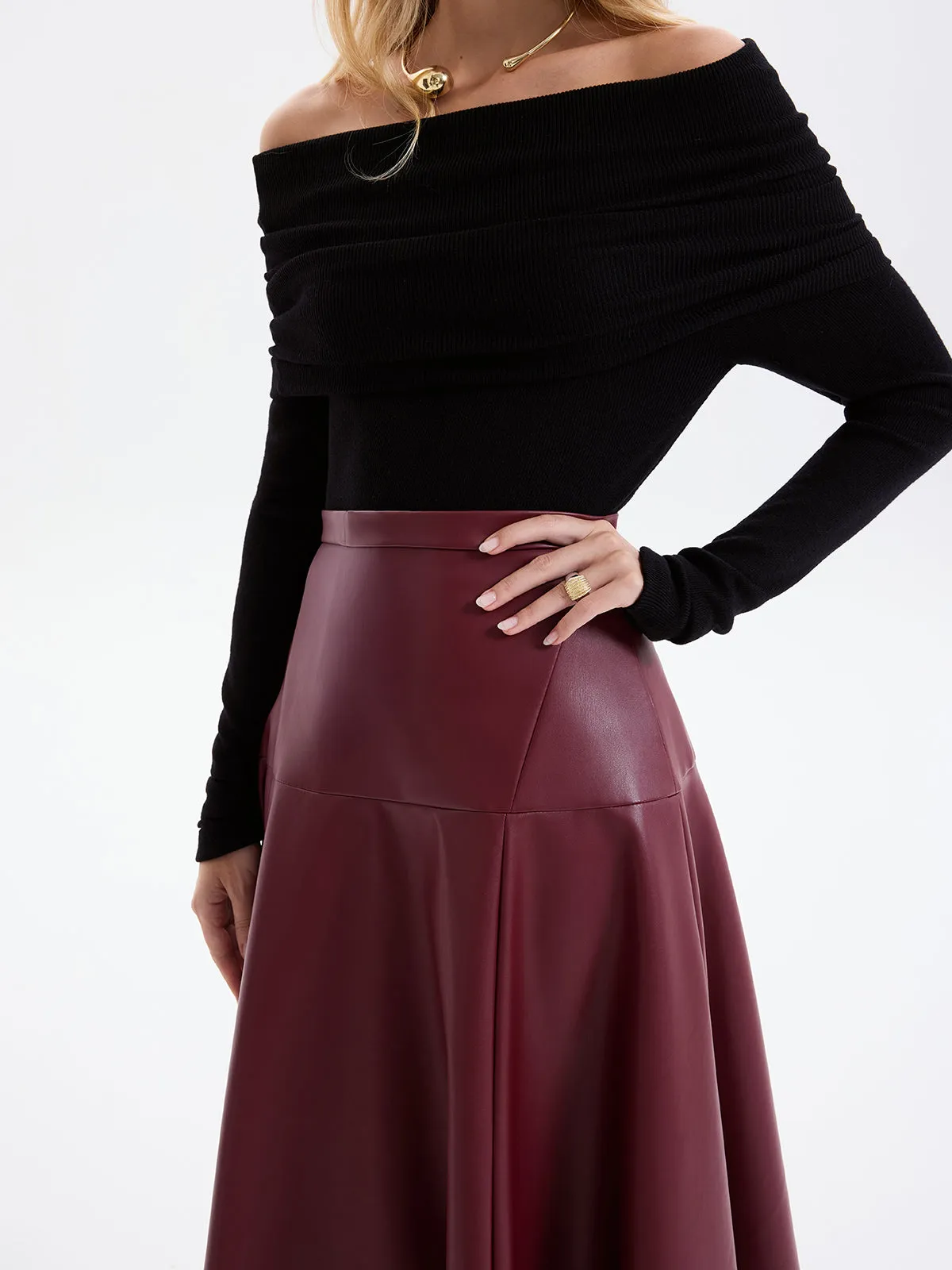 Wave Hem Faux Leather Midi Skirt sold by COMMENSE product image thumbnail 5