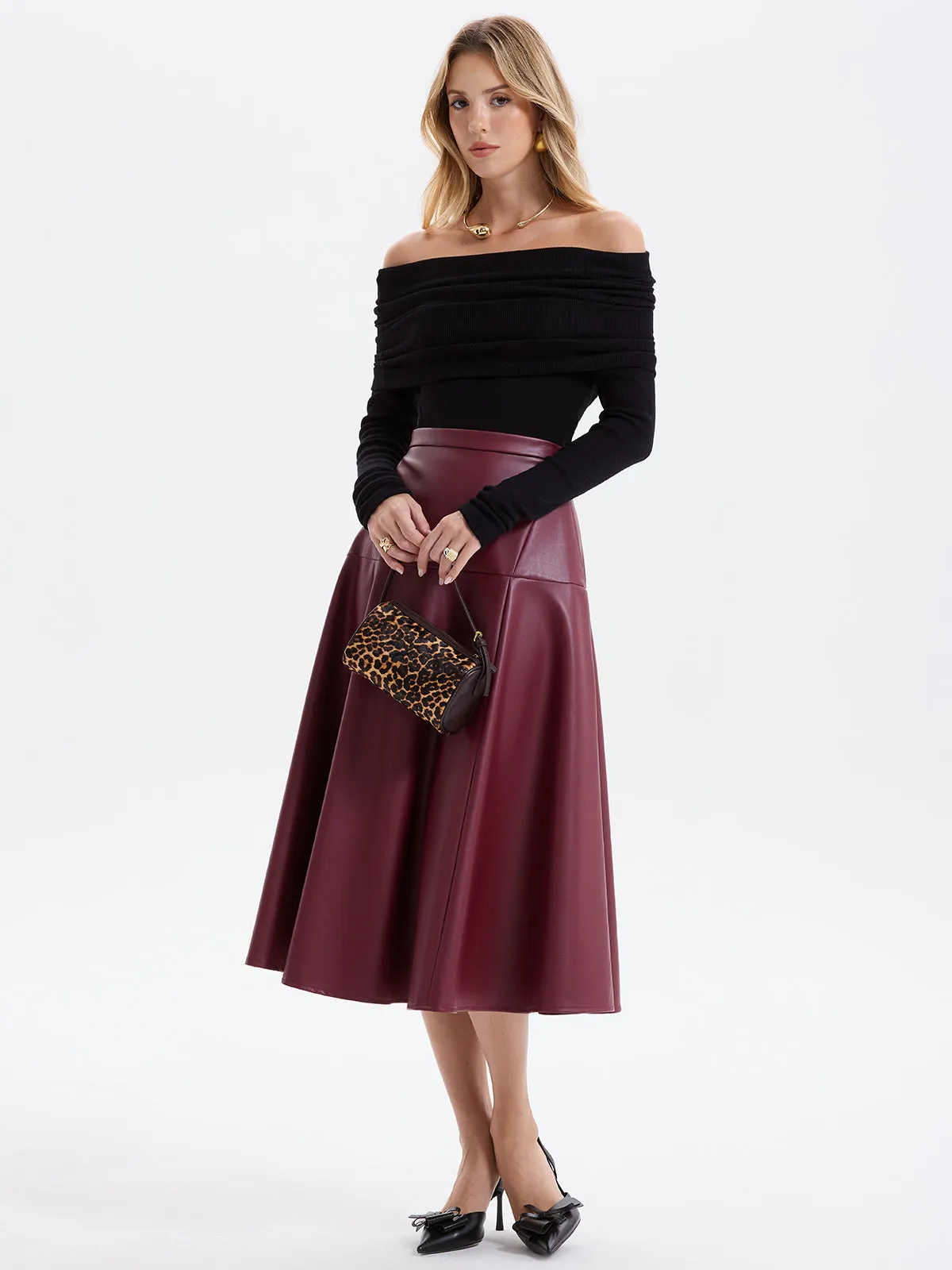 Wave Hem Faux Leather Midi Skirt sold by COMMENSE product image thumbnail 2