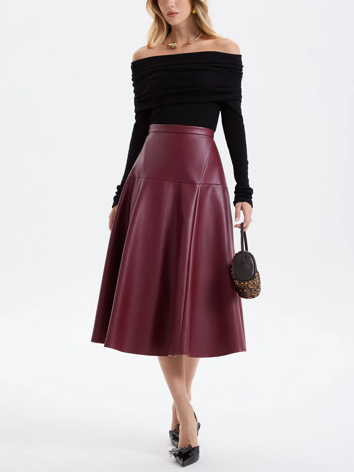 Wave Hem Faux Leather Midi Skirt sold by COMMENSE product image thumbnail 3