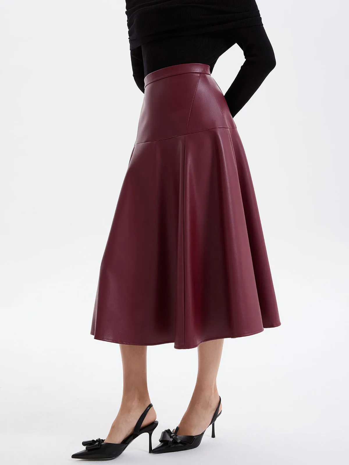 Wave Hem Faux Leather Midi Skirt sold by COMMENSE product image thumbnail 4