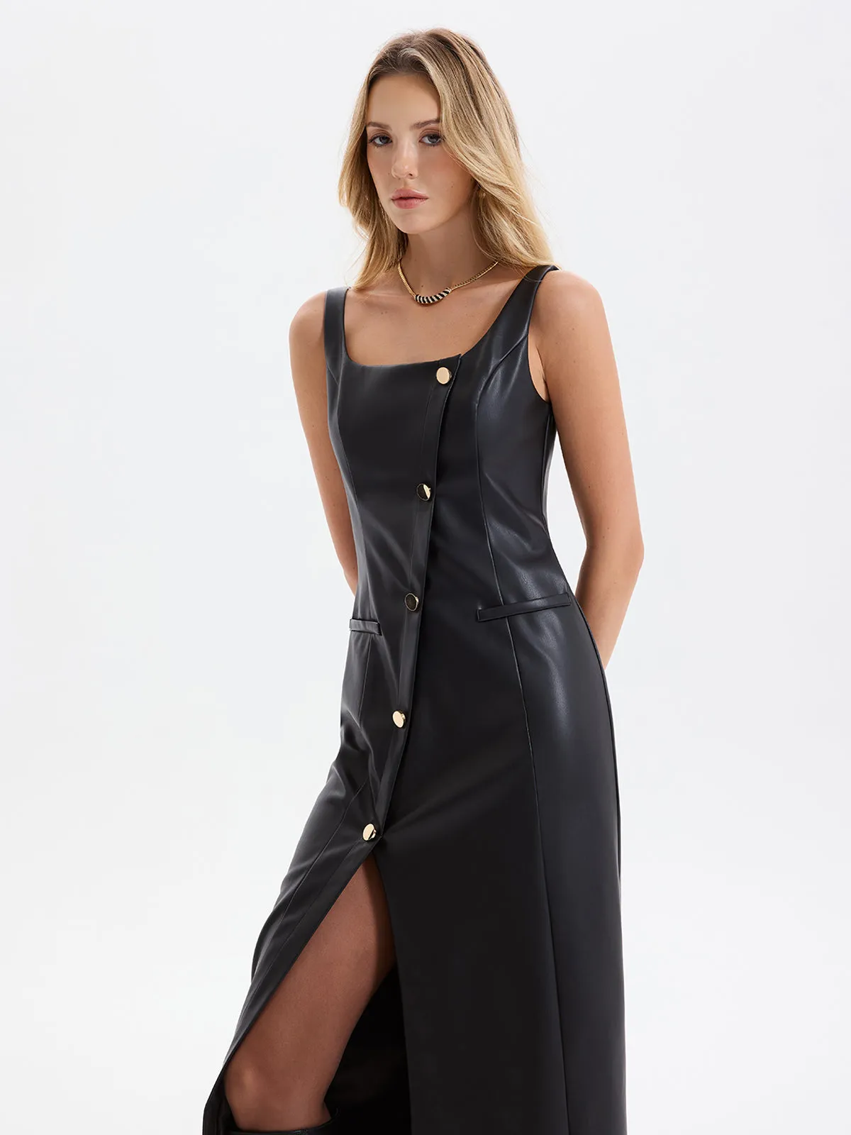 Faux Leather Sleeveless Asymmetrical Slit Midi Dress sold by COMMENSE product image thumbnail 4