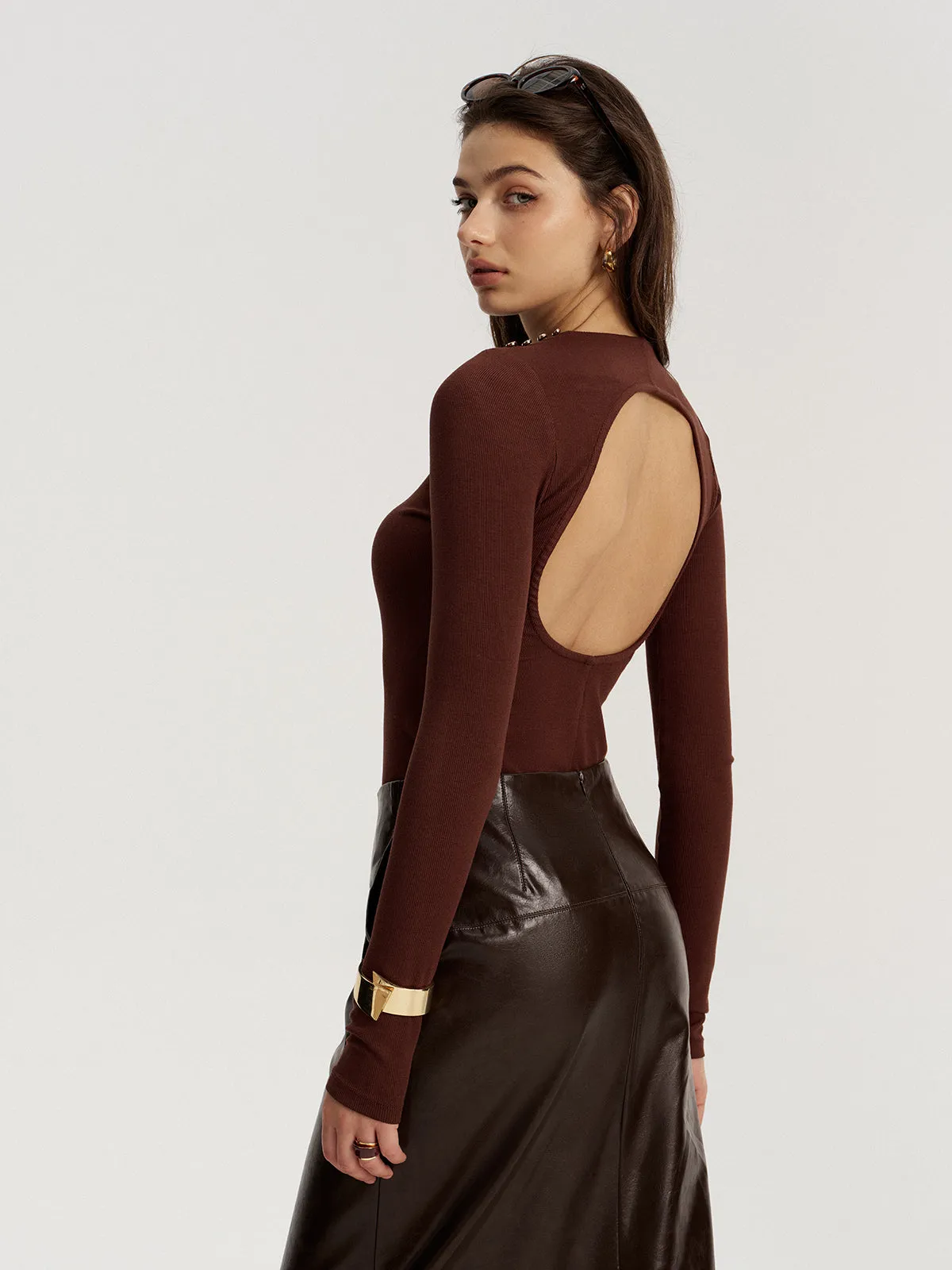 Drape Collar Backless Ribbed Knit Top sold by COMMENSE product image thumbnail 2