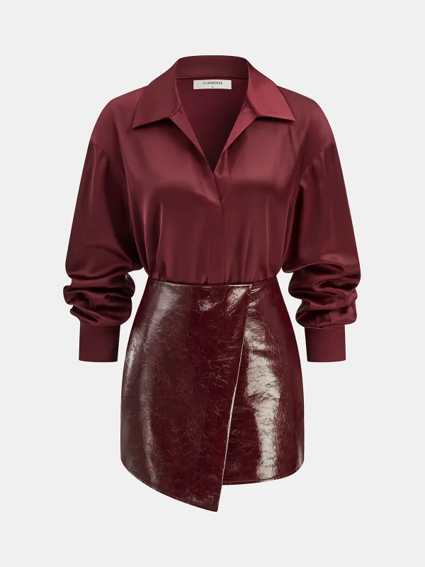 Satin Shirt and Faux Leather Skirt Set sold by COMMENSE