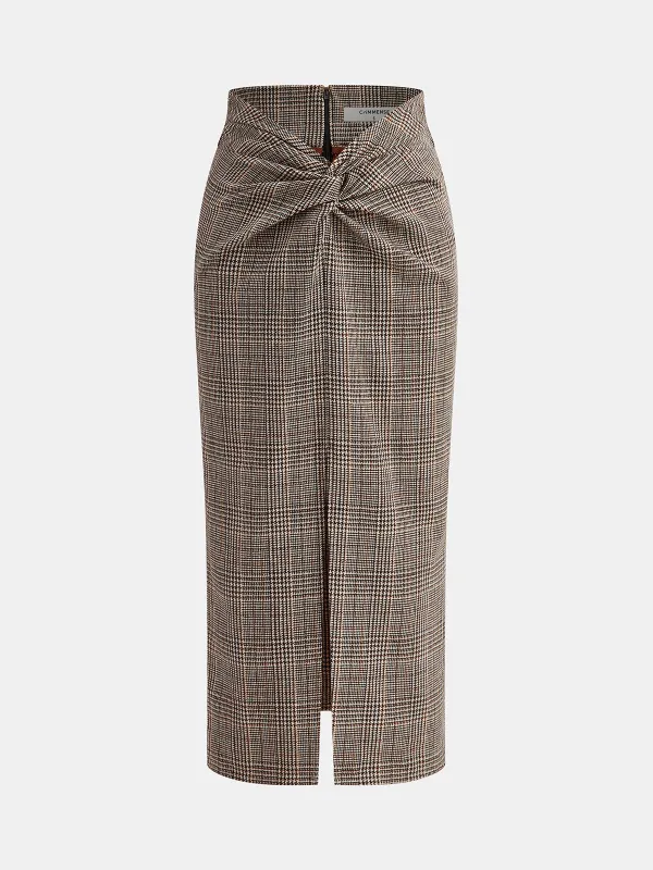 Knot-Front Slit Houndstooth Tweed Midi Skirt sold by COMMENSE