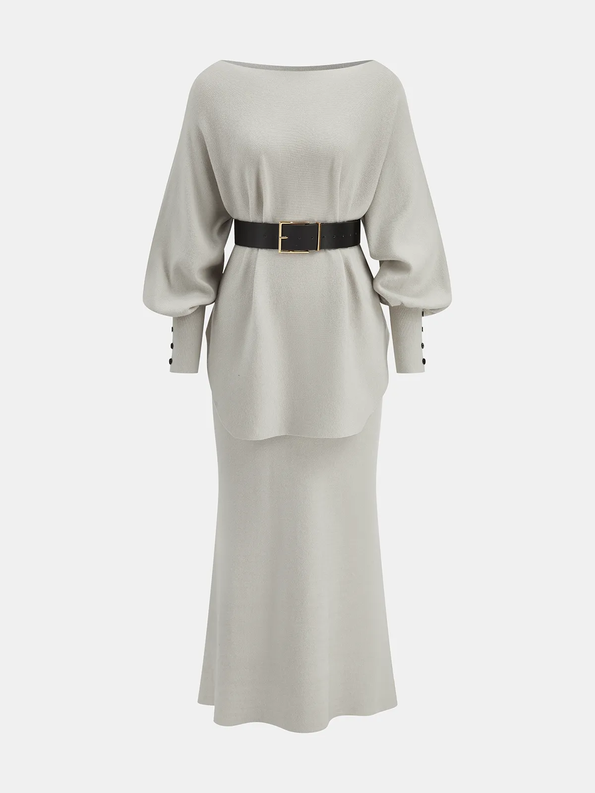 Belted Puff-Sleeve Top and Mermaid Skirt Set sold by COMMENSE