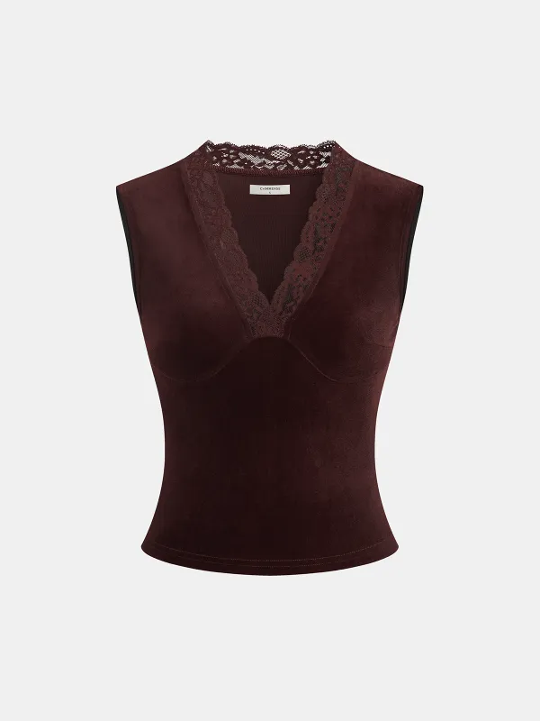 Lace V-Neck Velvet Sleeveless Top sold by COMMENSE