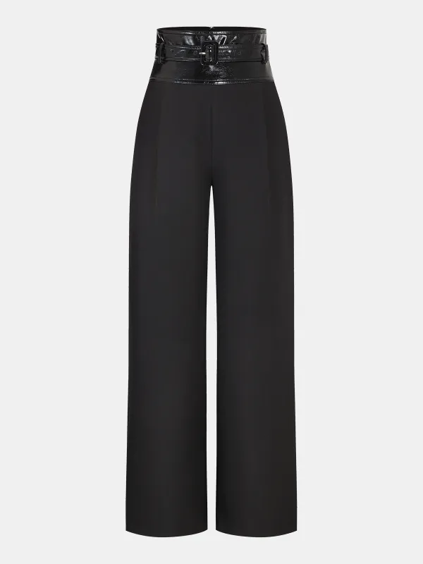 Faux Leather Waistband Wide-Leg Pants with Belt sold by COMMENSE