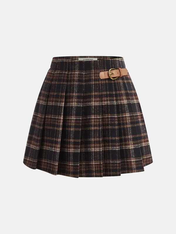 Buckle Detail Plaid Pleated Mini Skirt sold by COMMENSE