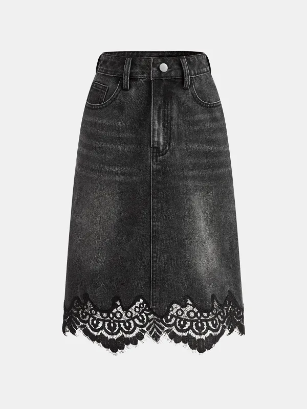 Lace Hem Denim Midi Skirt sold by COMMENSE