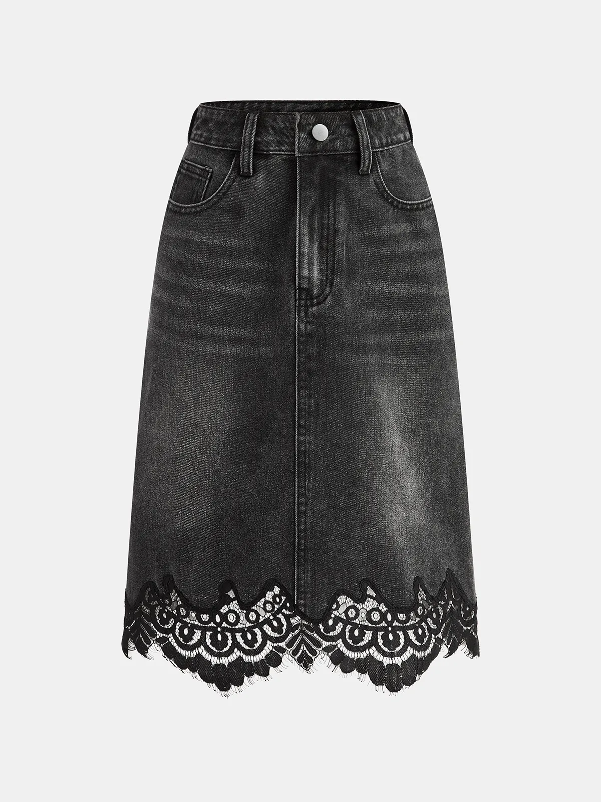 Lace Hem Denim Midi Skirt sold by COMMENSE