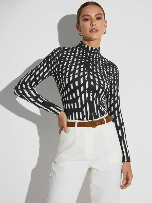 Geometric Print Mock Neck Long-Sleeve Top sold by COMMENSE