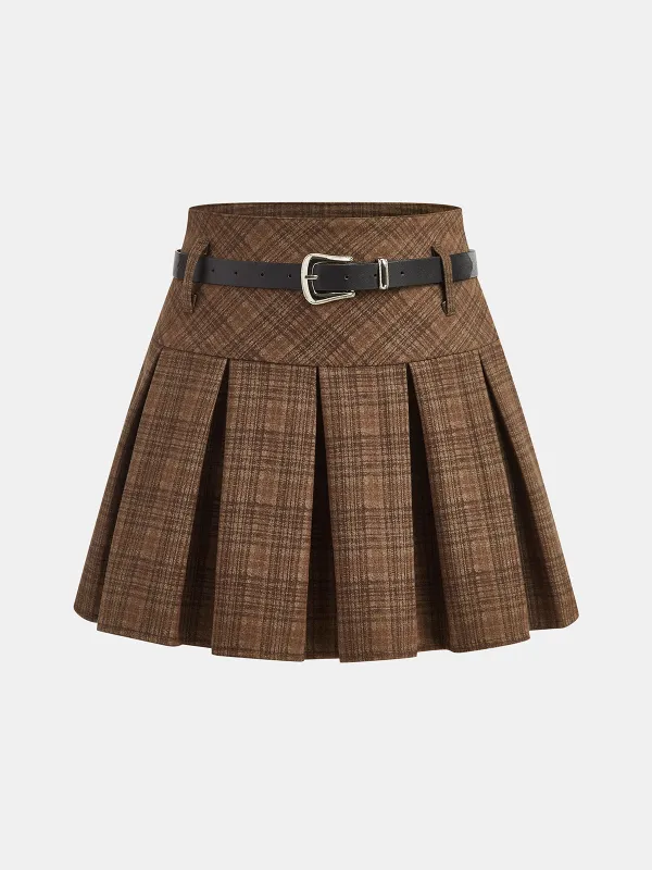 Belted Pleated Plaid Mini Skirt sold by COMMENSE