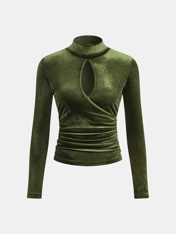 Velvet High Neck Cut-Out Ruched Blouse sold by COMMENSE