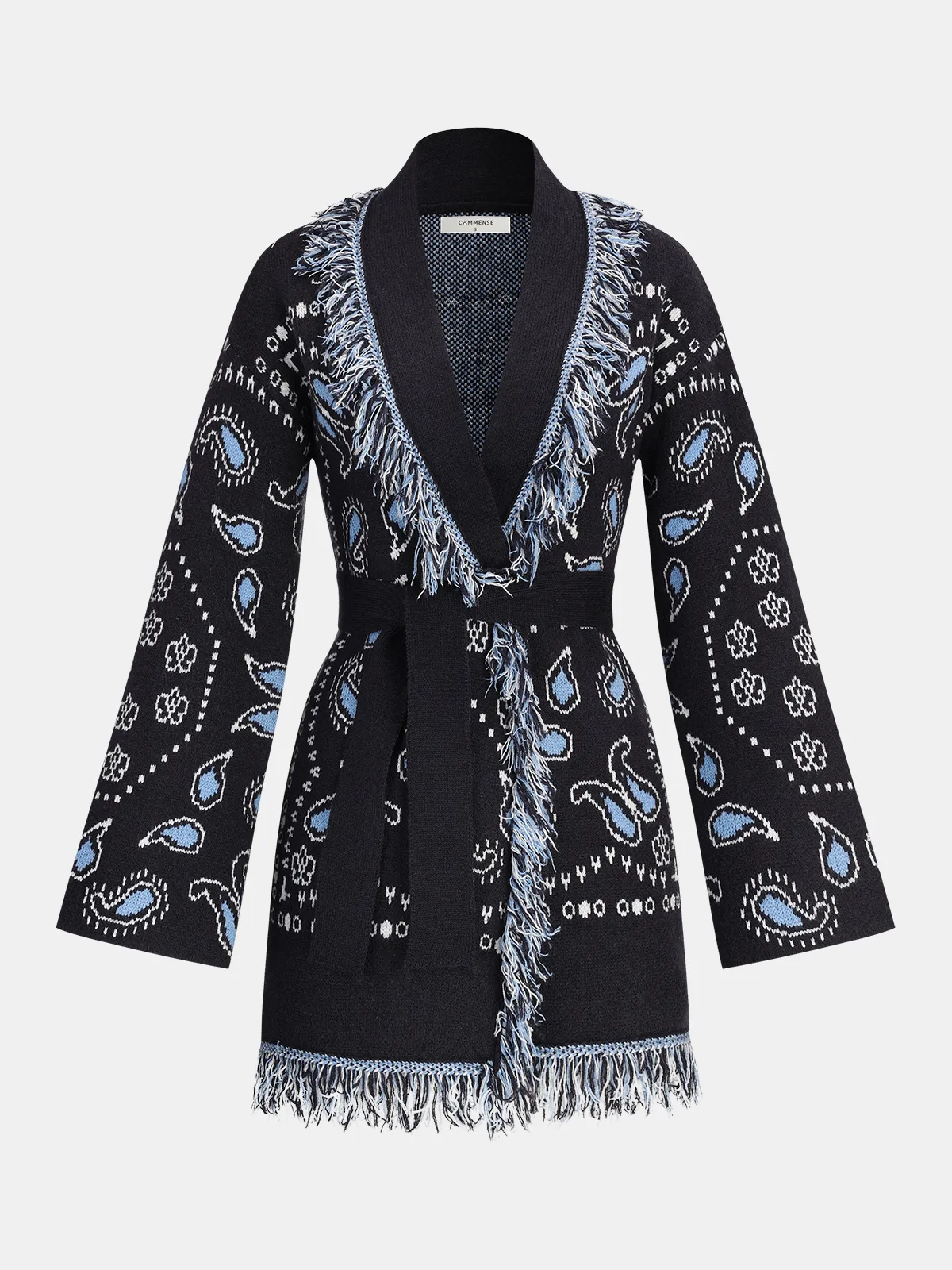 Belted Paisley Fringe Knit Cardigan sold by COMMENSE
