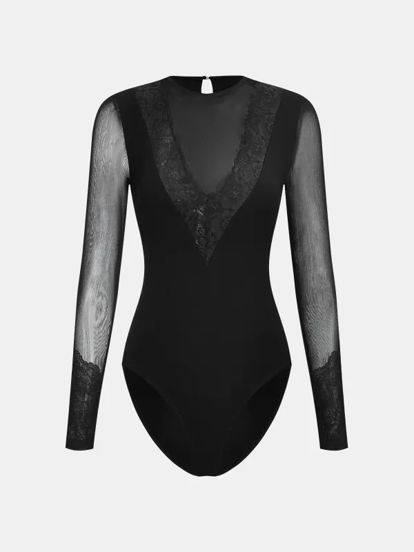 Semi-Sheer Mesh Lace Panel Long-Sleeve Bodysuit sold by COMMENSE