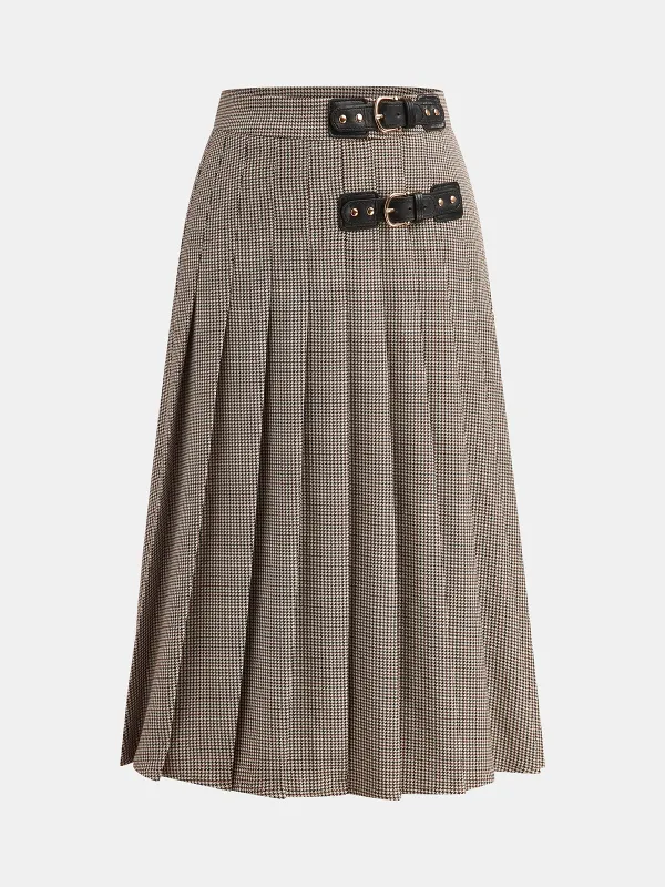 Buckle Detail Houndstooth Pleated Midi Skirt sold by COMMENSE