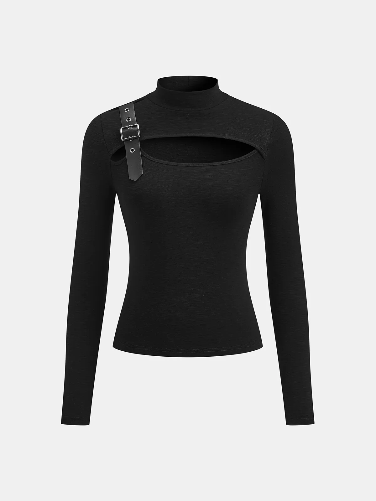 Buckle Detail Cut-Out Mock Neck Top sold by COMMENSE