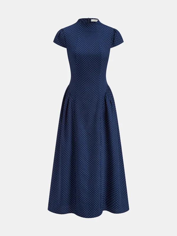 Polka Dot Stand-Collar Flare Dress sold by COMMENSE