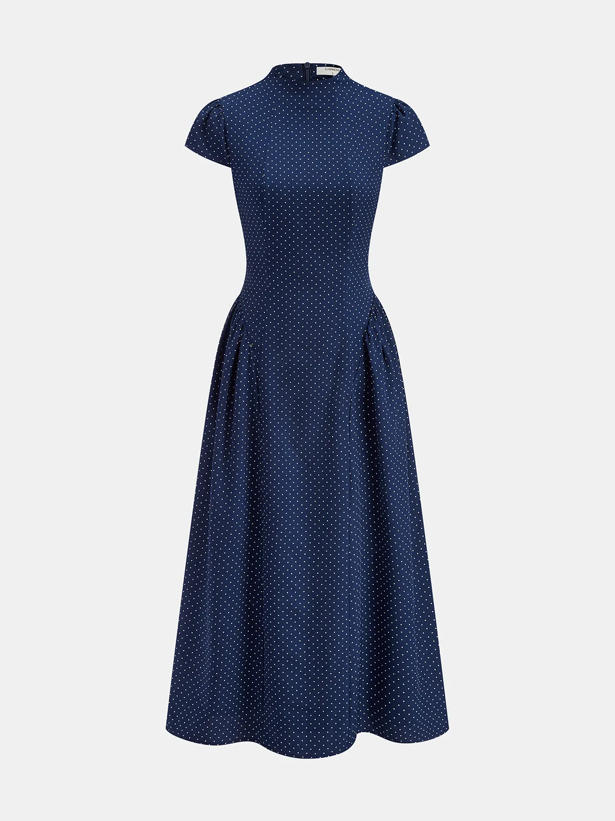 Polka Dot Stand-Collar Flare Dress sold by COMMENSE