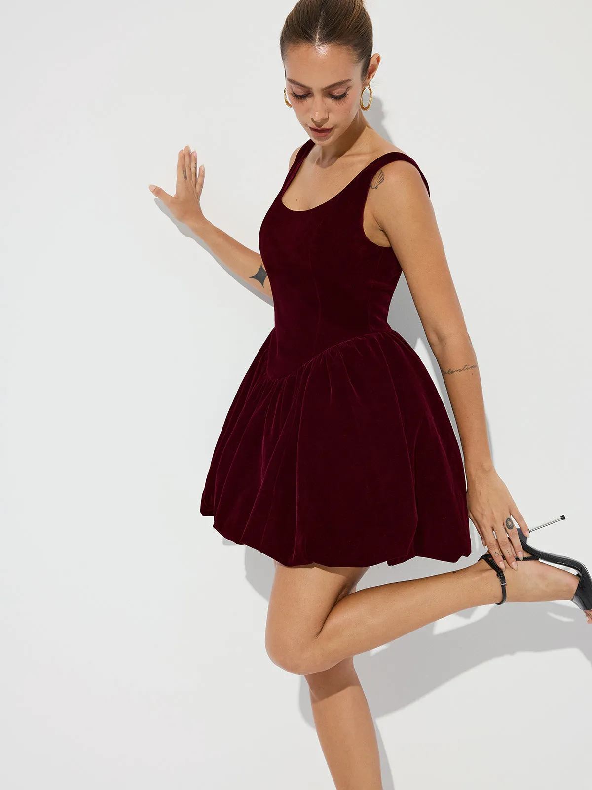 Bubble Hem Velvet Strappy Mini Dress sold by COMMENSE