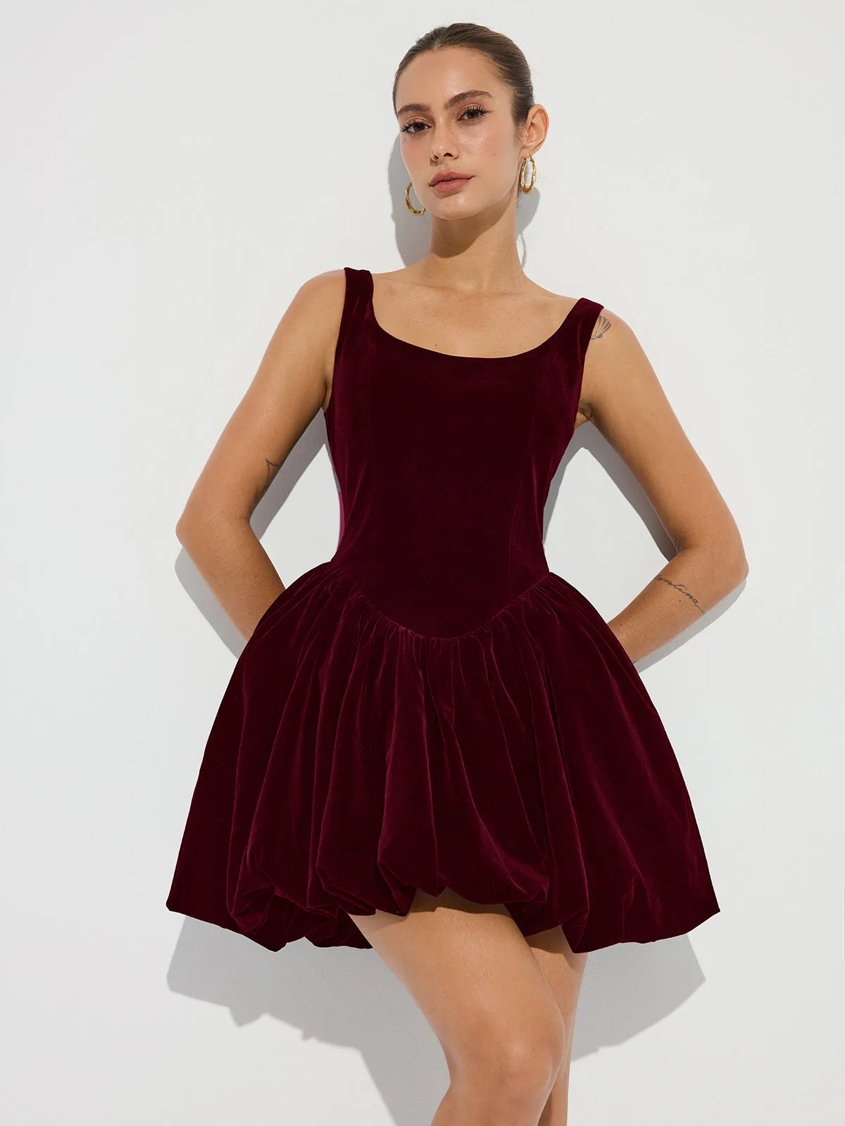 Bubble Hem Velvet Strappy Mini Dress sold by COMMENSE product image thumbnail 5
