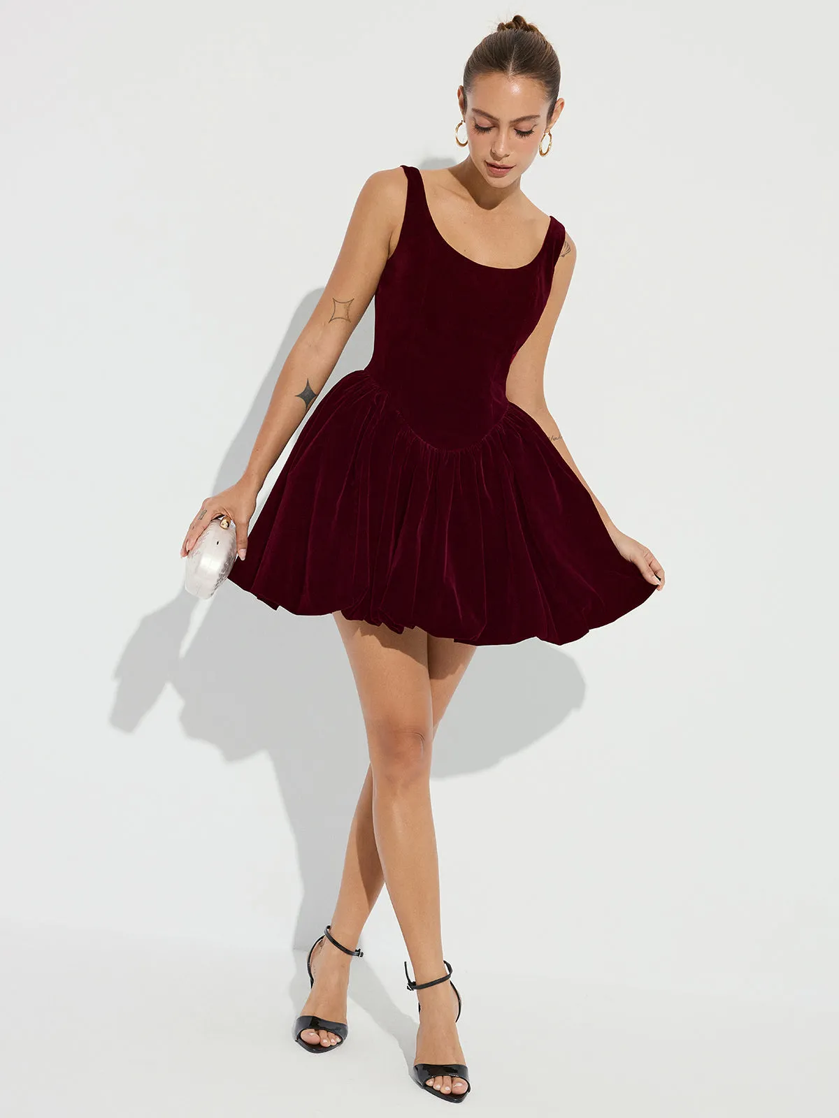 Bubble Hem Velvet Strappy Mini Dress sold by COMMENSE product image thumbnail 2