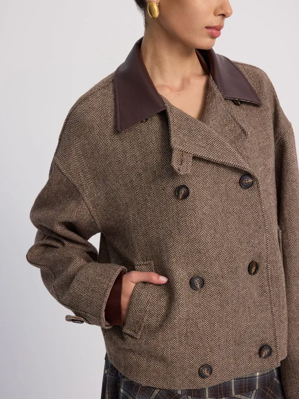 Wool-Blend Herringbone Jacket with Leather Collar sold by COMMENSE