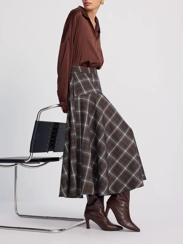 High-Waisted Asymmetric Plaid Midi Skirt sold by COMMENSE