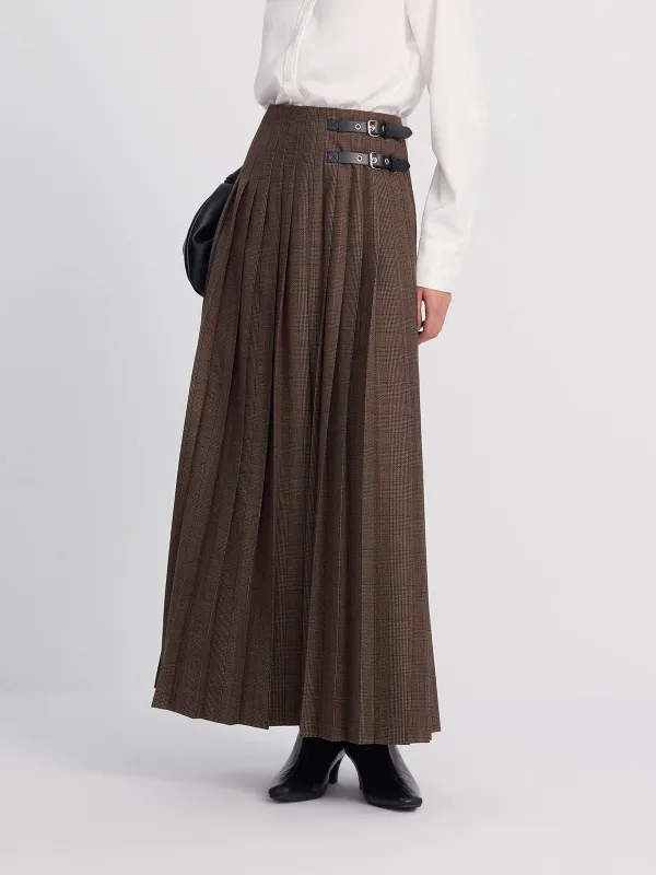 Leather-Buckle Pleated Plaid Maxi Skirt sold by COMMENSE
