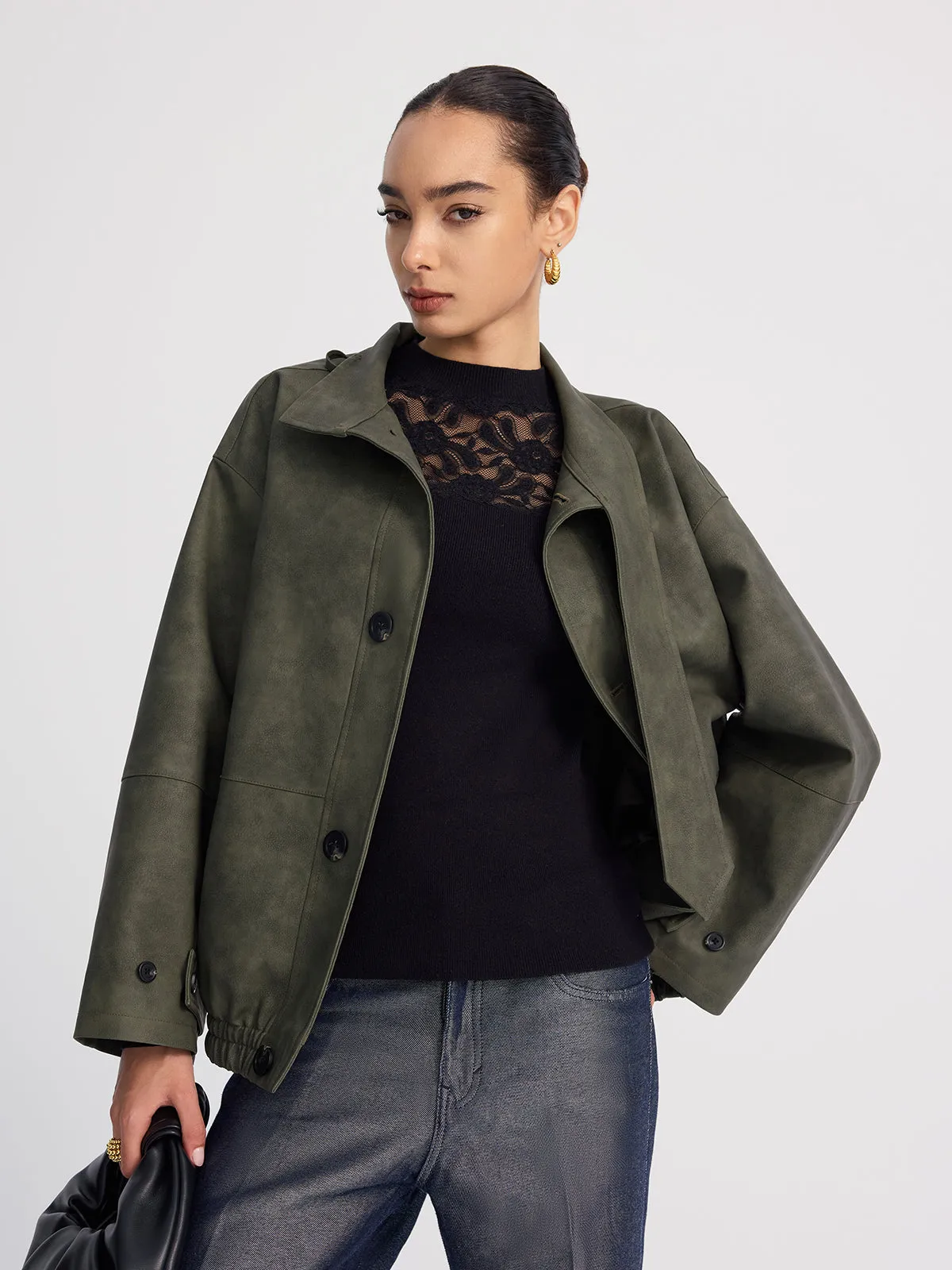 Stand-Collar Oversized Faux Suede Jacket sold by COMMENSE product image thumbnail 4