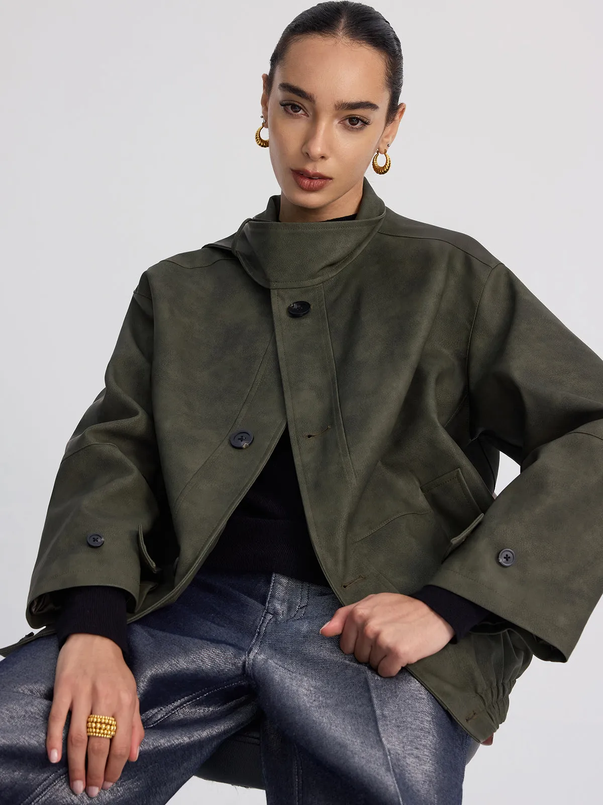 Stand-Collar Oversized Faux Suede Jacket sold by COMMENSE product image thumbnail 5