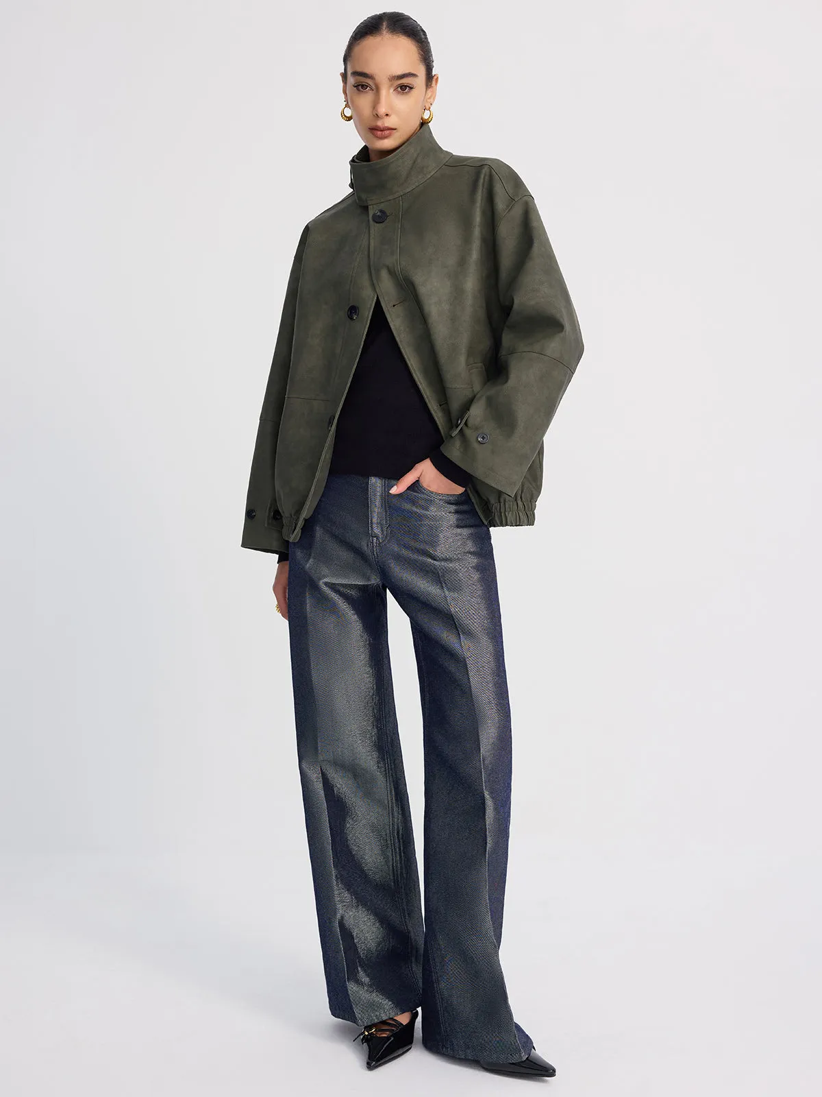 Stand-Collar Oversized Faux Suede Jacket sold by COMMENSE product image thumbnail 2