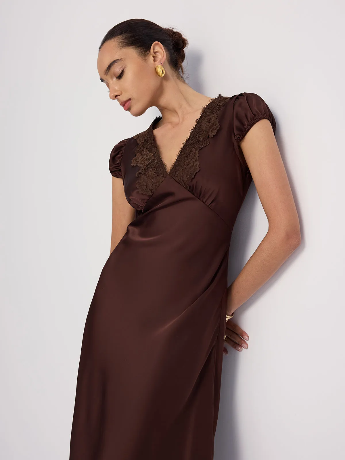 Lace-Trimmed Satin V-Neck Maxi Dress sold by COMMENSE product image thumbnail 4