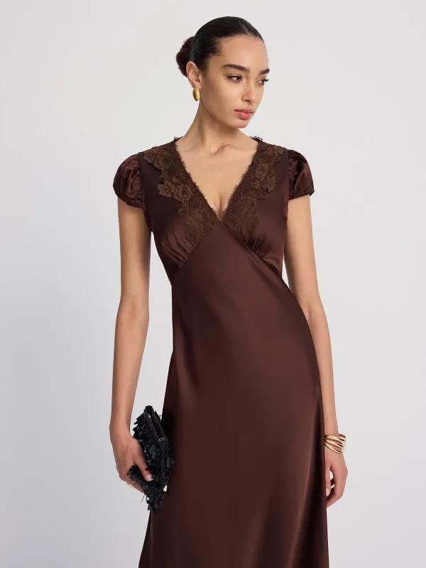 Lace-Trimmed Satin V-Neck Maxi Dress sold by COMMENSE