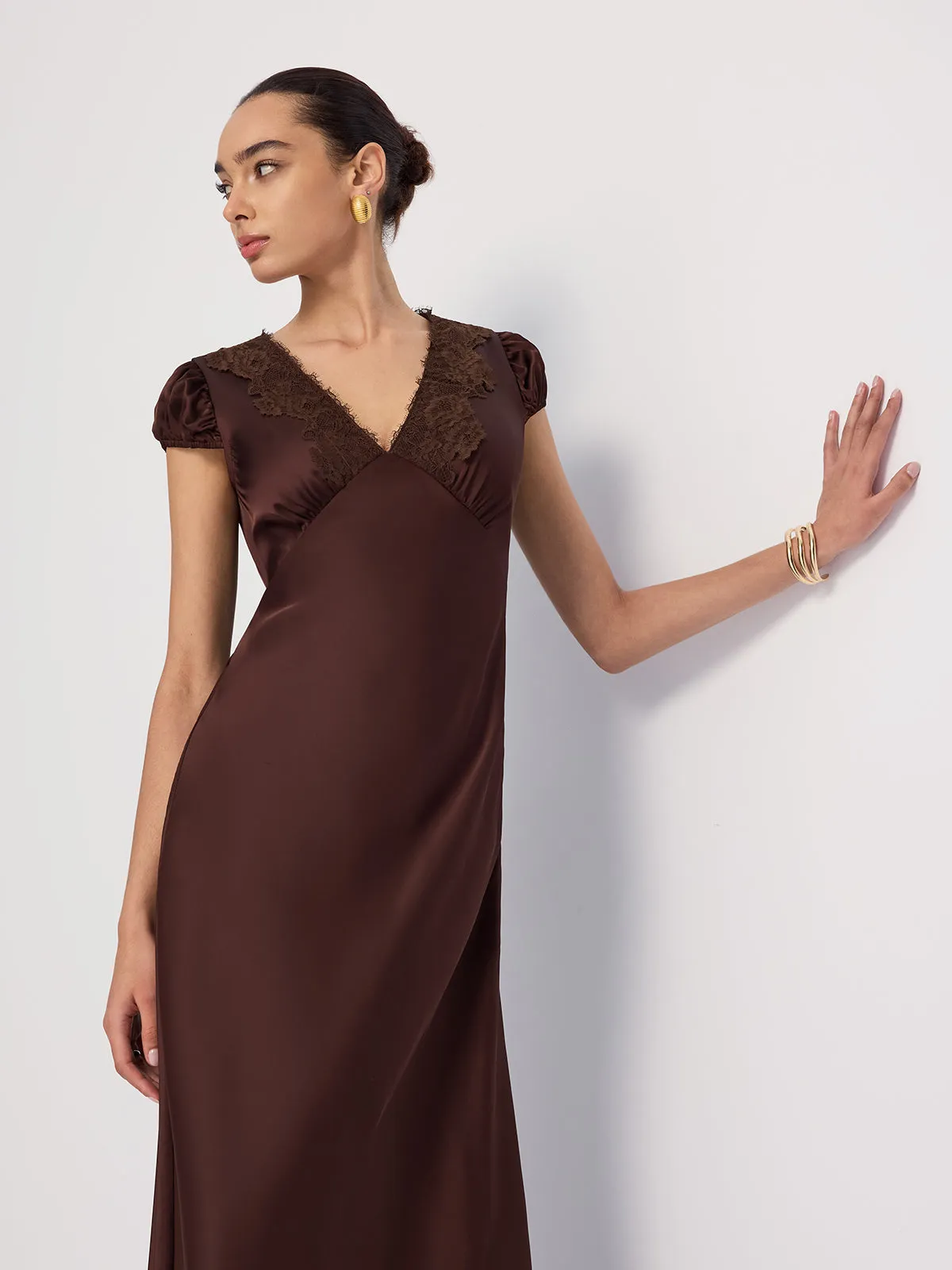 Lace-Trimmed Satin V-Neck Maxi Dress sold by COMMENSE product image thumbnail 5