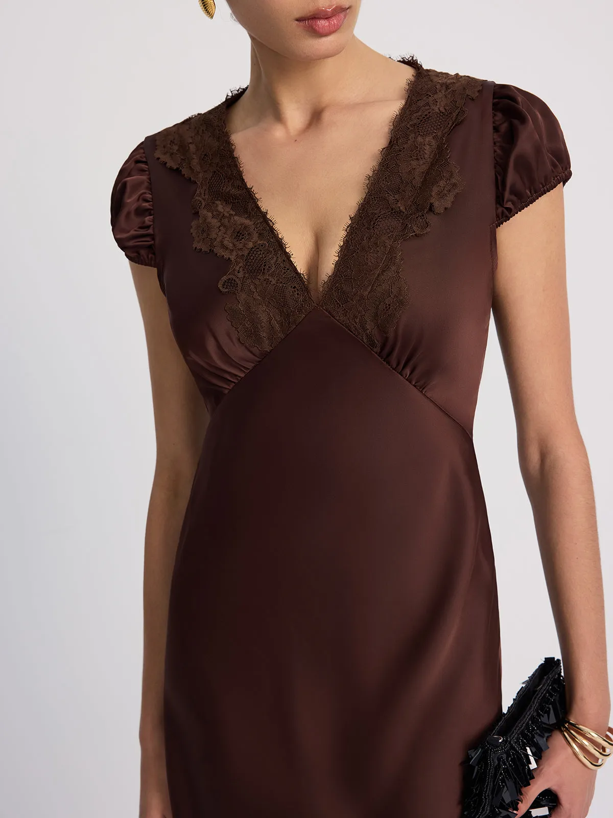 Lace-Trimmed Satin V-Neck Maxi Dress sold by COMMENSE product image thumbnail 2