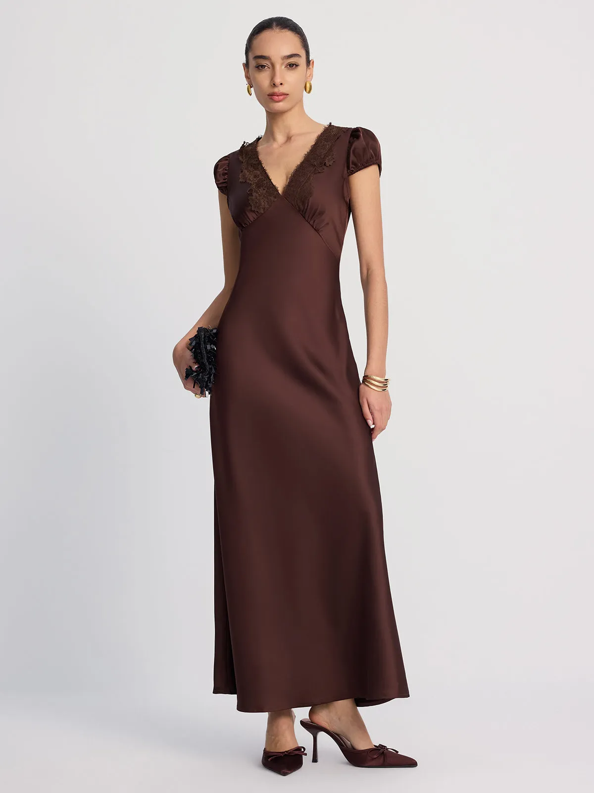 Lace-Trimmed Satin V-Neck Maxi Dress sold by COMMENSE product image thumbnail 3