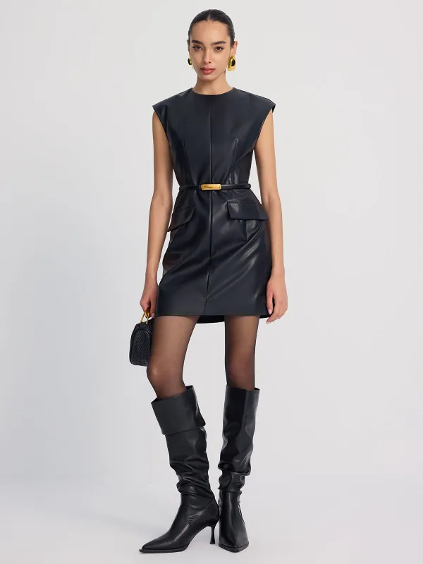 Belted Faux Leather Mini Dress sold by COMMENSE