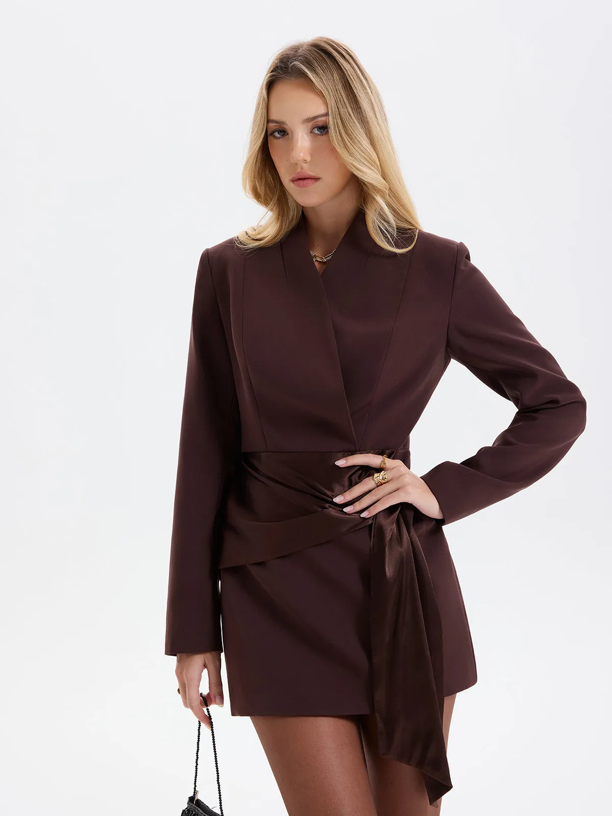 Satin-Wrapped Belted Blazer Dress sold by COMMENSE product image thumbnail 3