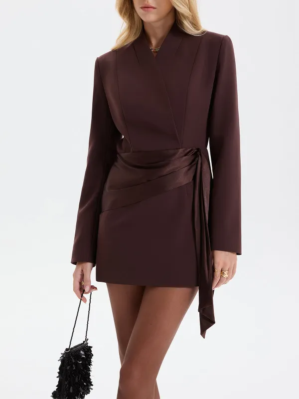 Satin-Wrapped Belted Blazer Dress sold by COMMENSE