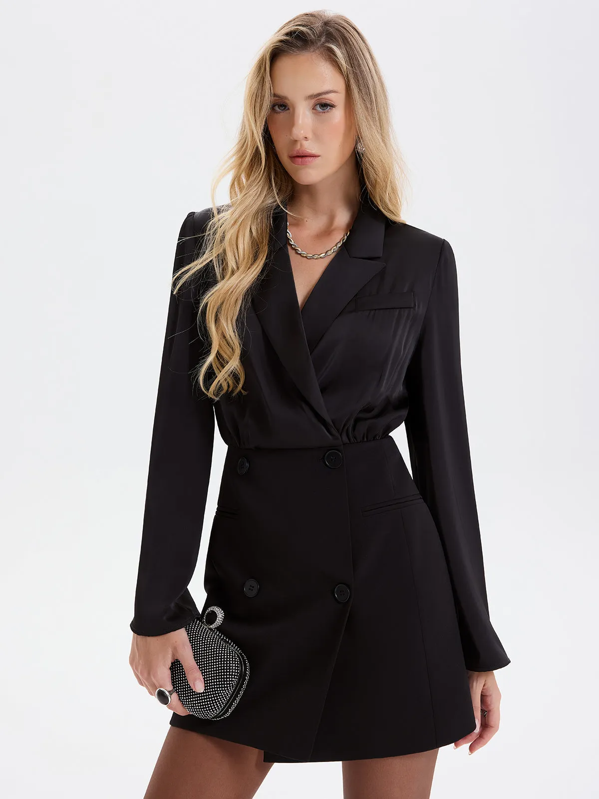 Satin-Paneled Double-Breasted Blazer Dress sold by COMMENSE