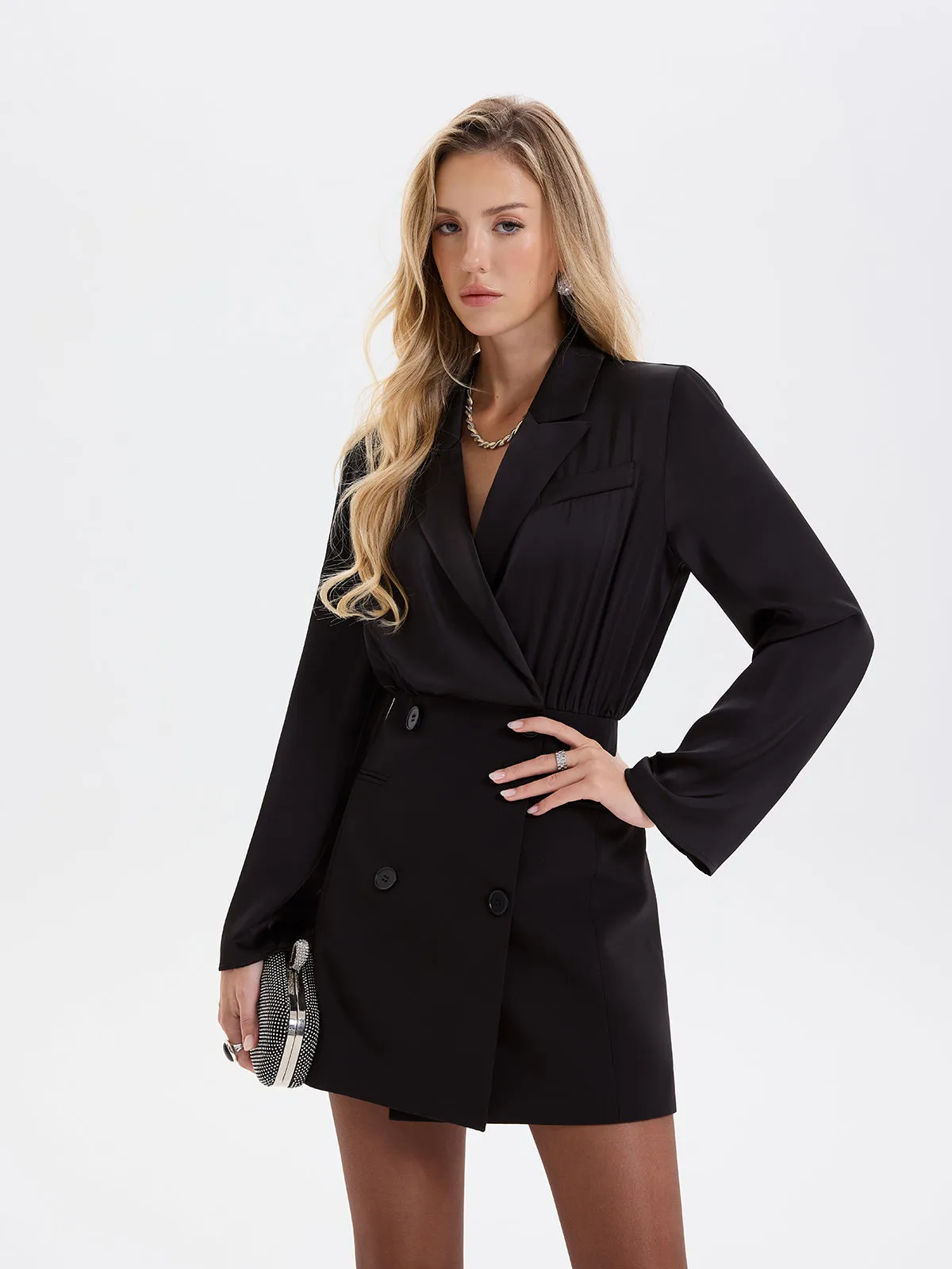 Satin-Paneled Double-Breasted Blazer Dress sold by COMMENSE product image thumbnail 3